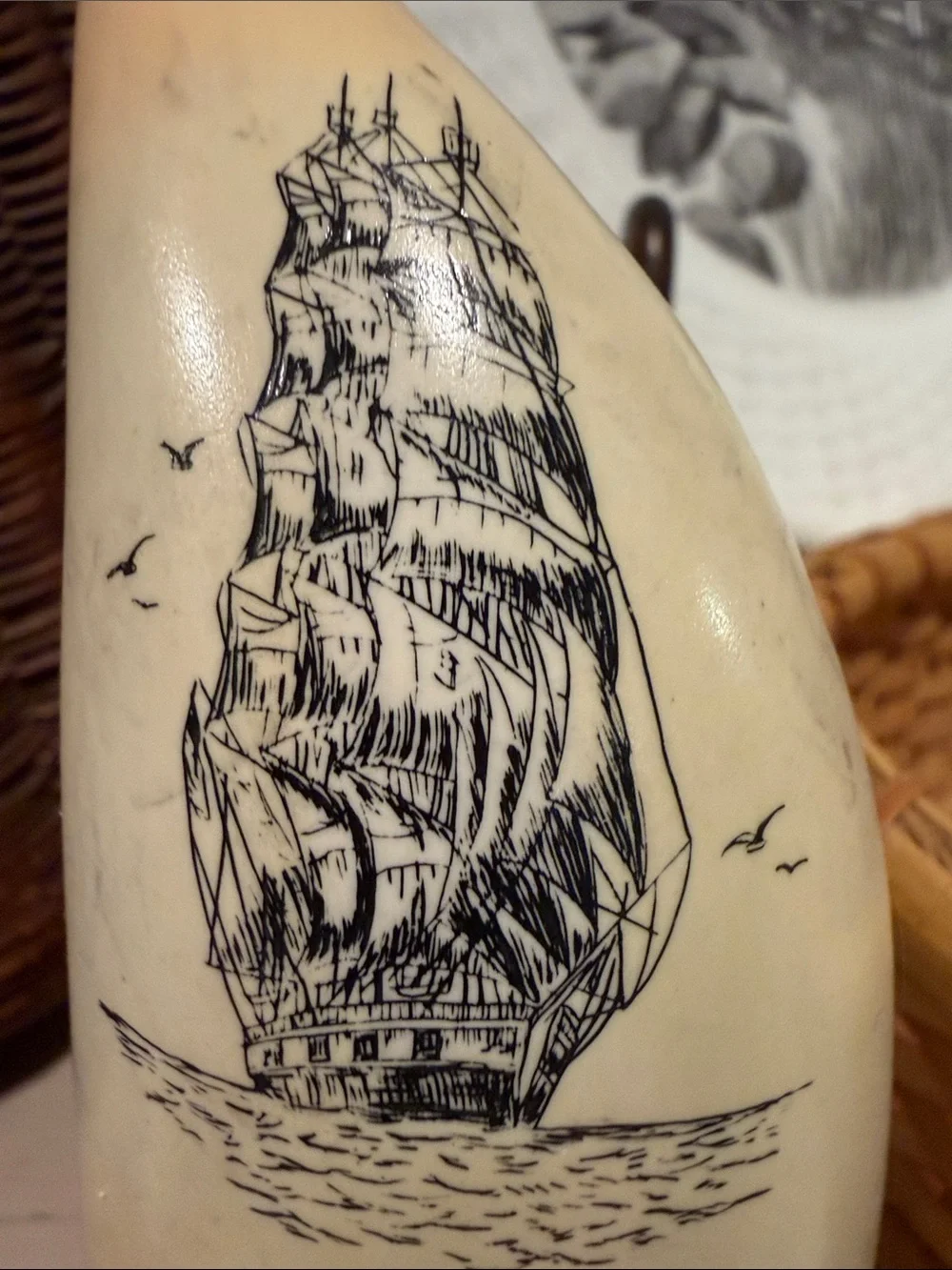 Nantucket Ivory Decorative Clock with Sailing Ship Whale scrimshaw by Joe Luiz